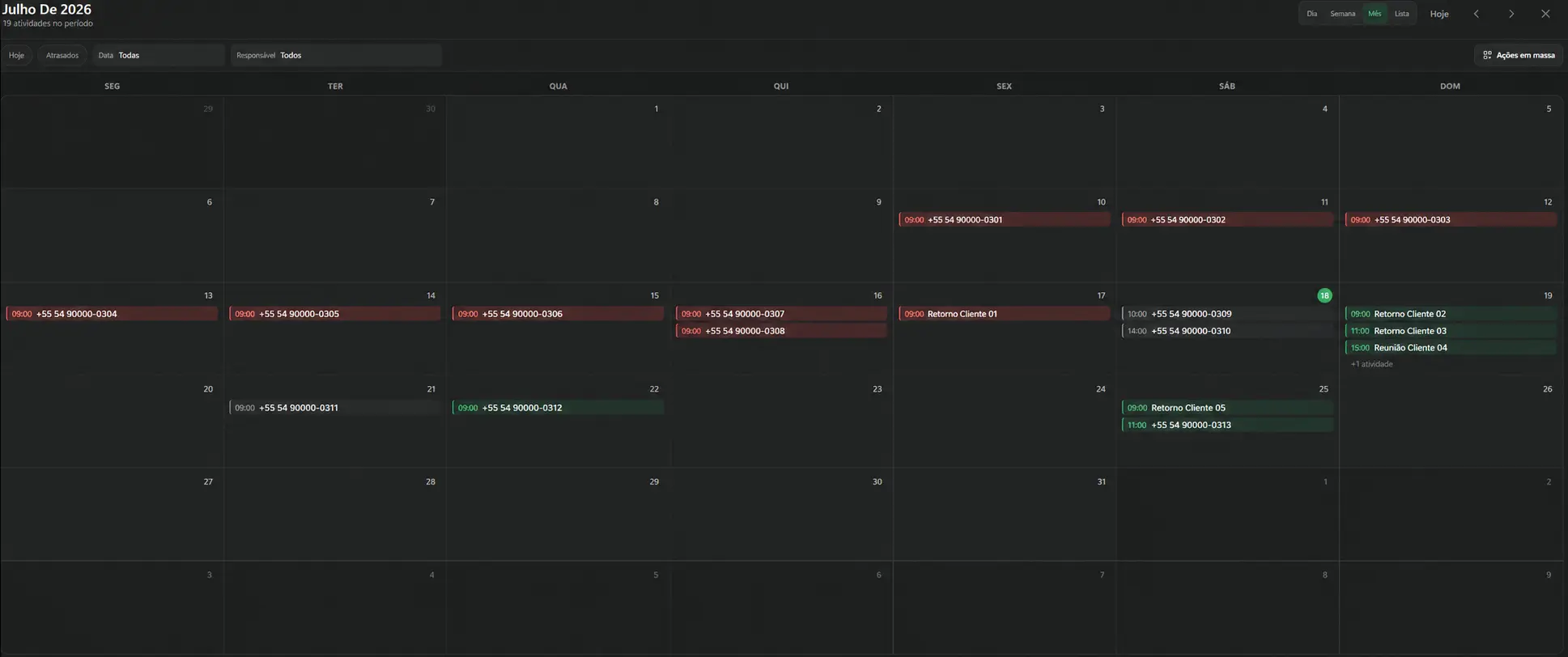 Agenda mensal do CRM com compromissos fictícios
