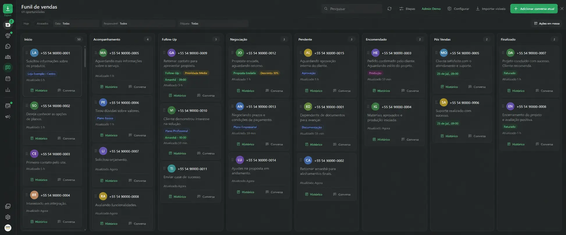 Funil Kanban do Asqui CRM com dados demonstrativos